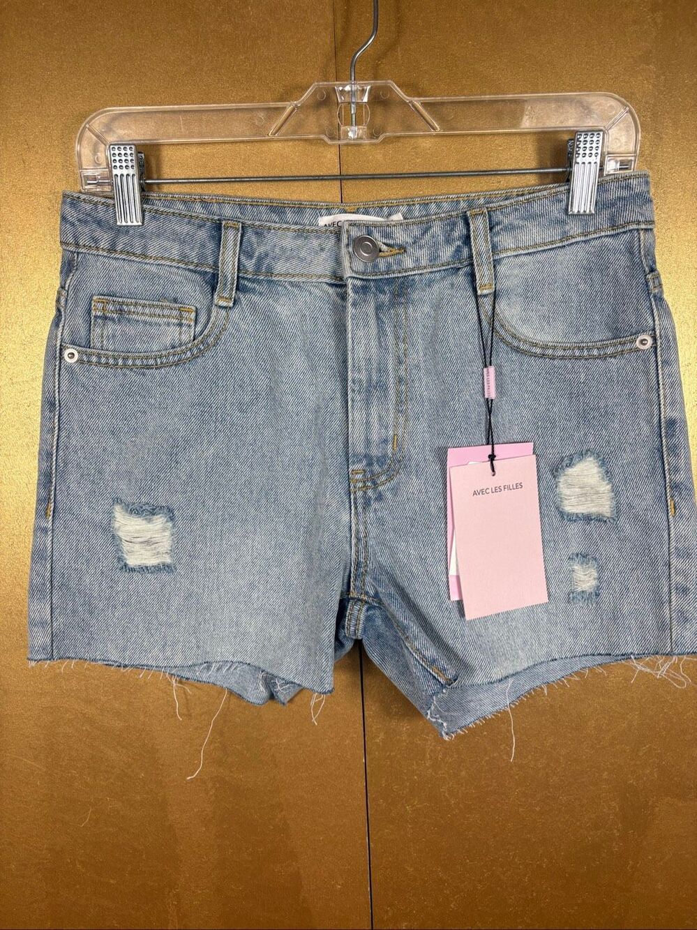 Avec Les Filles Blue Denim Shorts Distressed Raw Hem Size 26 NWT